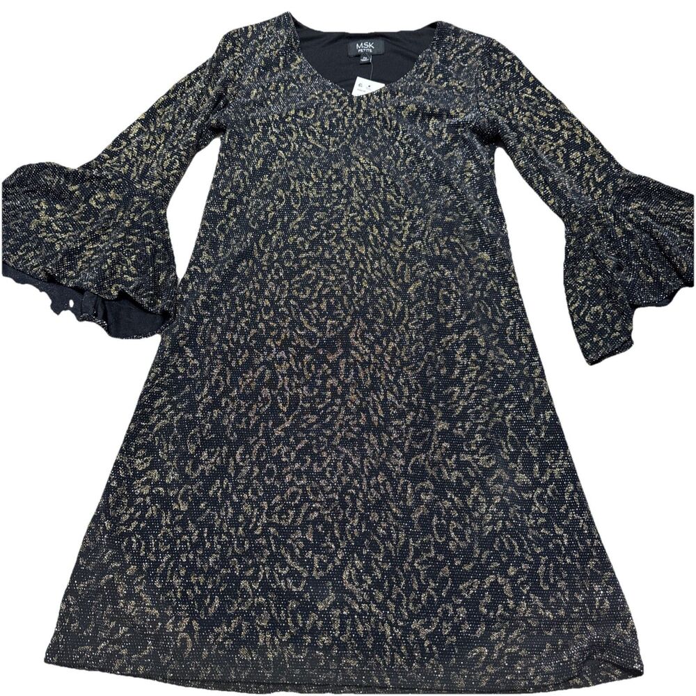 NWT MSK women's  black/gold sparkle dress  PS party cocktail glitter bell sleeve